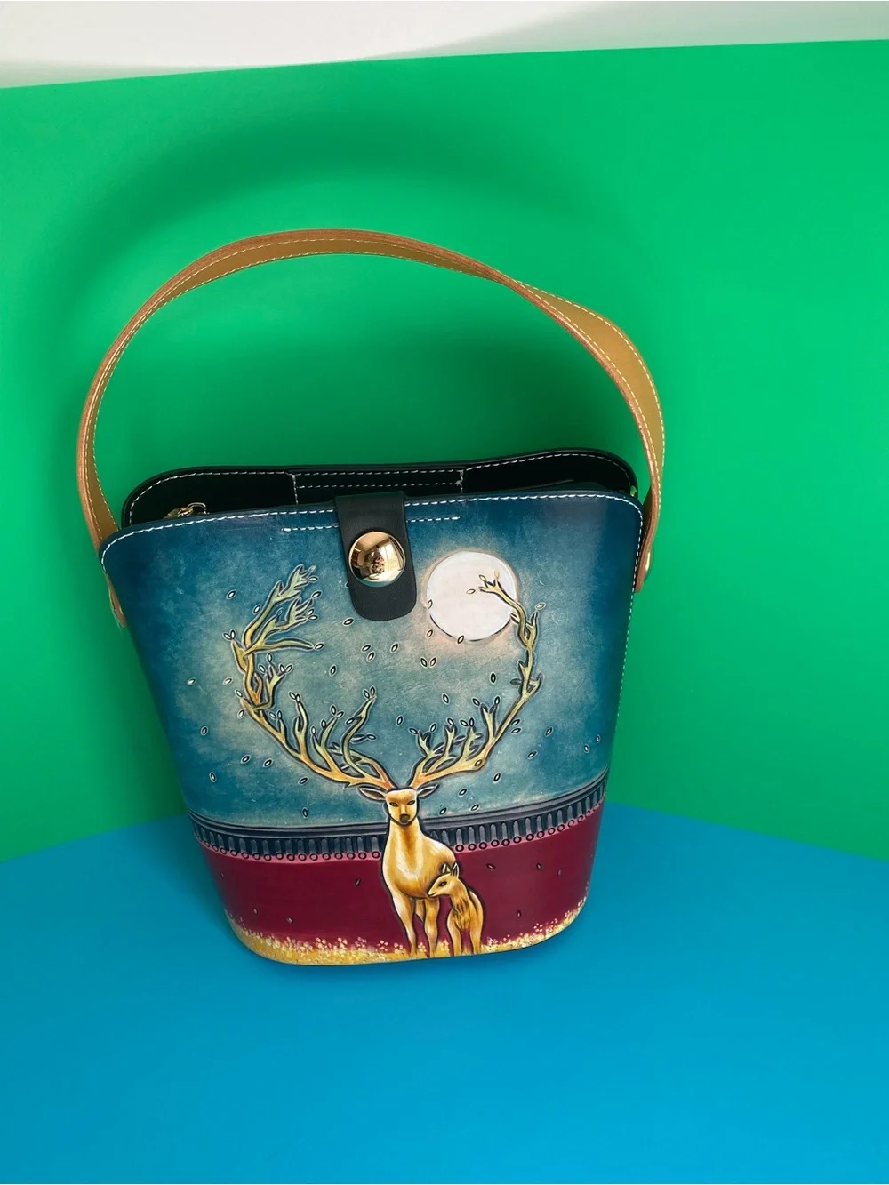 Leather Hand Tooled Hand-Painted Deer Bucket Shoulder Bag in Teal & Burgundy NWT